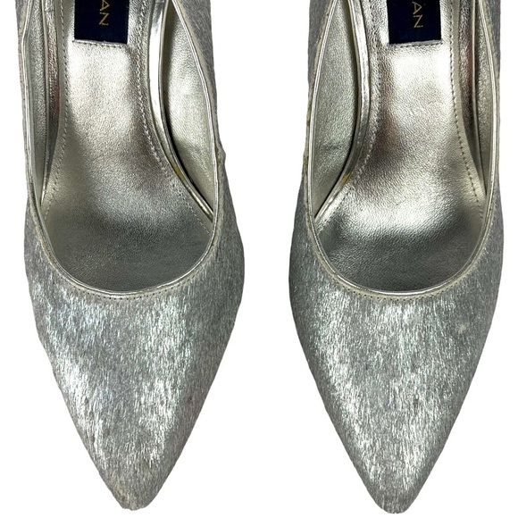 DONNA KARAN NY CRISS SILVER METALLIC PONY HAIR POINTED TOE BLOCK HEEL PUMPS - Picture 10 of 15